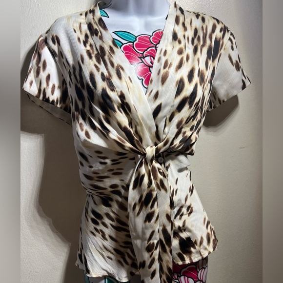 Kasper Brown White Black Cheetah Print Tie Front Blouse - Picture 1 of 5